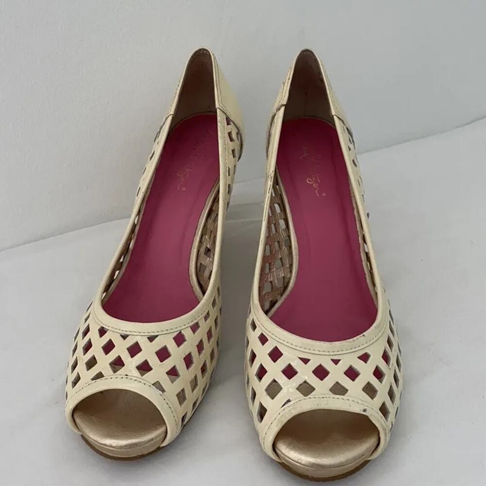 Lilly Pulitzer Resort Chic Ivory basket weave patent leather platform wedge